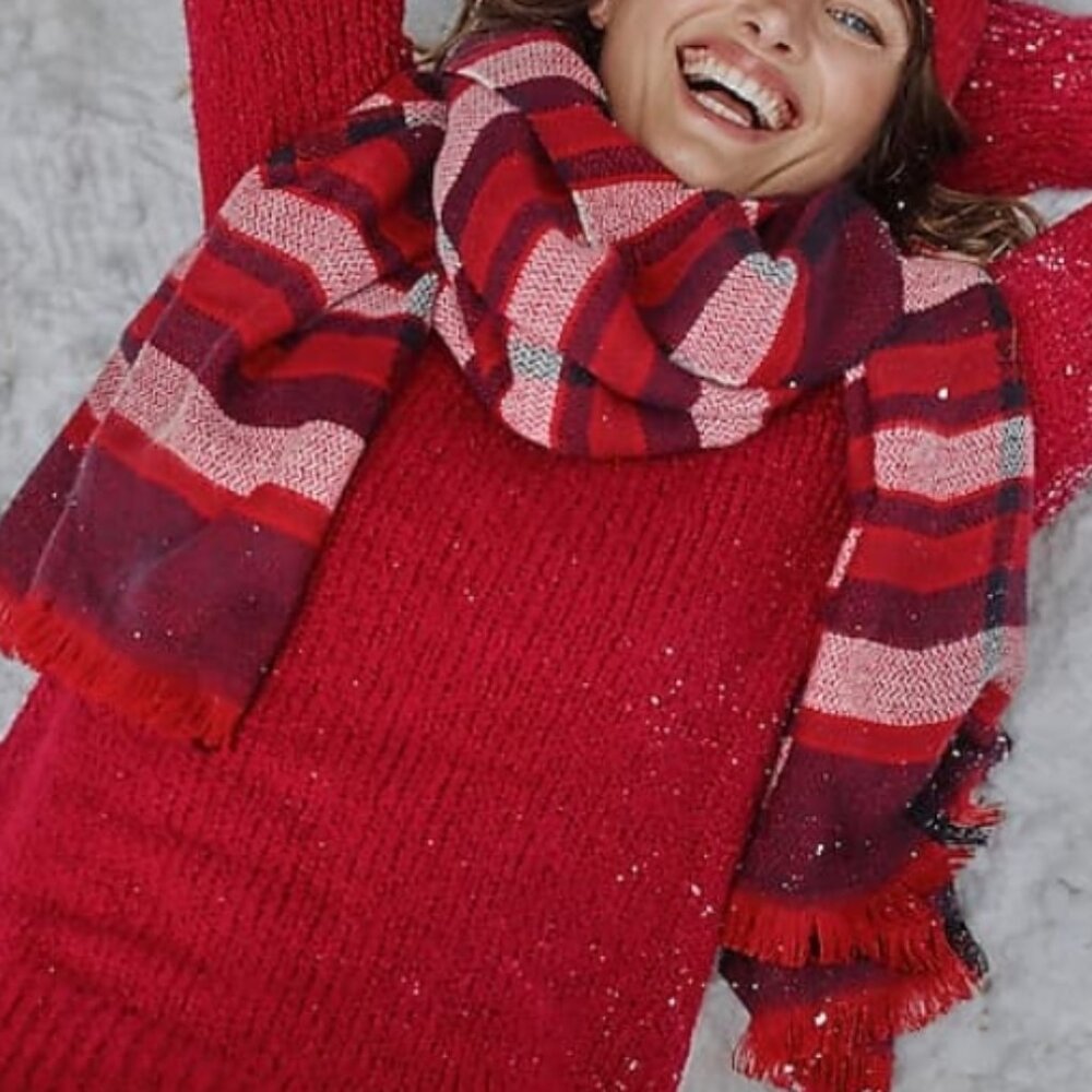 J.Jill Ruby Red Multi Exploded Oversized Plaid Scarf Wrap Fringe